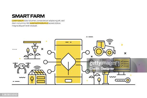 ilustraciones, imágenes clip art, dibujos animados e iconos de stock de concepto de granja inteligente, ilustración vectorial de estilo de línea - agricultura inteligente