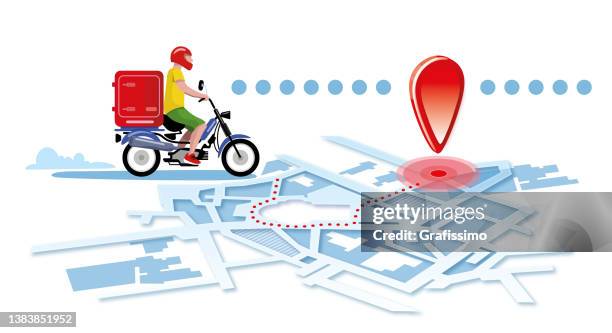 stockillustraties, clipart, cartoons en iconen met flat design illustration of delivery person on a  scooter carrying a large delivery - bromfiets