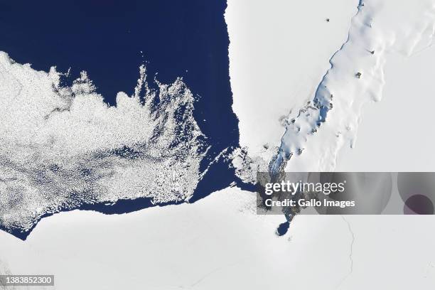 Aerial view of McMurdo Antarctic Research Center and Scott Base Research Station, located on Hut Point peninsula, Ross Island, Antarctica.