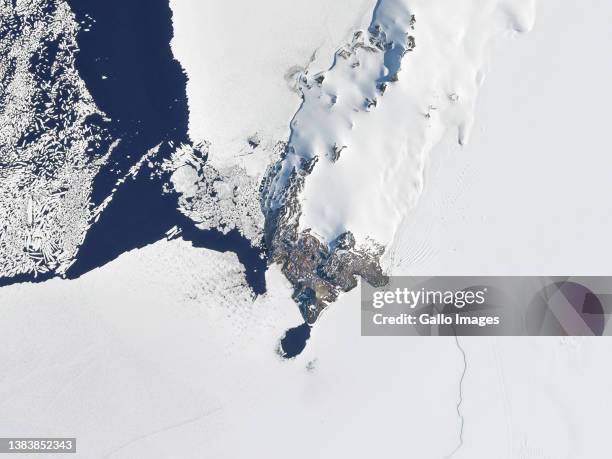 Aerial view of McMurdo Antarctic Research Center and Scott Base Research Station, Ross Island, Antarctica.