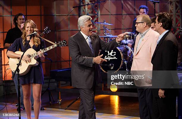 Episode 3423 -- Pictured: Musical guest Colbie Caillat, host Jay Leno, film critic Richard Roper and actor/game show host Drew Carey on August 27,...