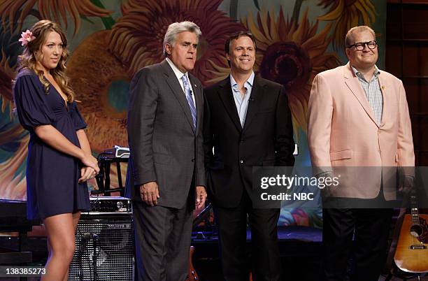 Episode 3423 -- Pictured: Musical guest Colbie Caillat, host Jay Leno, film critic Richard Roper and actor/game show host Drew Carey on August 27,...