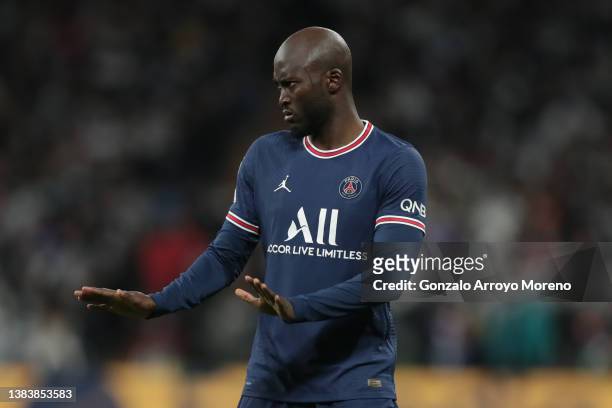 Danilo Pereira of Paris Saint-Germain reacts during the UEFA Champions League Round Of Sixteen Leg Two match between Real Madrid and Paris...