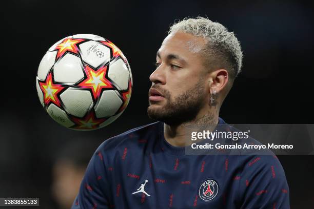 Neymar JR of Paris Saint-Germain warms up before during the UEFA Champions League Round Of Sixteen Leg Two match between Real Madrid and Paris...