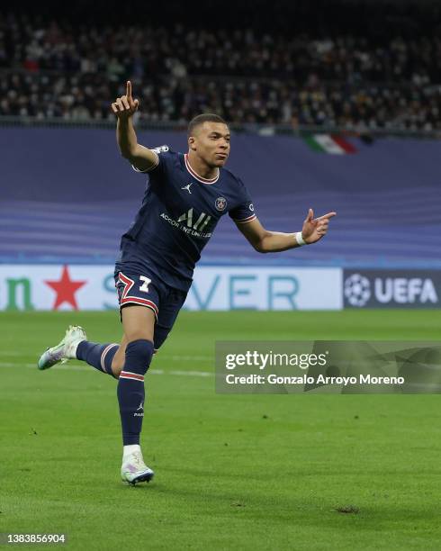 Kylian Mbappe of Paris Saint-Germain celebrates a goal that is going to be annulled during the UEFA Champions League Round Of Sixteen Leg Two match...