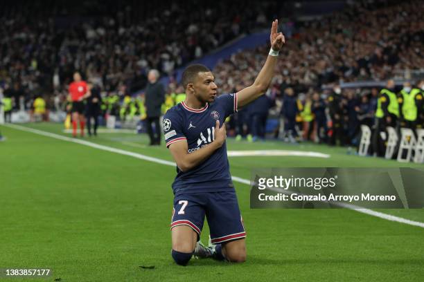Kylian Mbappe of Paris Saint-Germain celebrates scoring their opening goal during the UEFA Champions League Round Of Sixteen Leg Two match between...