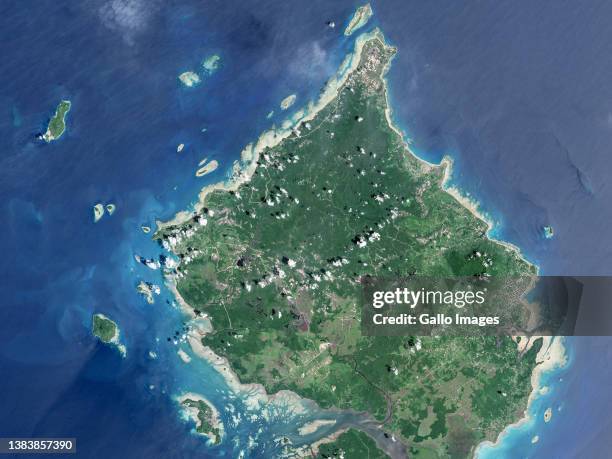 Aerial view of Natuna Besar Island in the Natuna Archipelago within the Riau Islands Province of Indonesia.