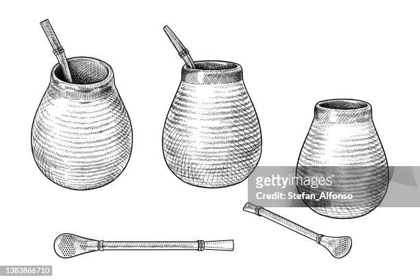 vector drawings of yerba mate cups and bombilla - yerba mate stock illustrations