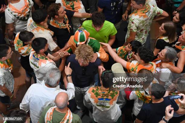 Jokey Giovanni Atzeni also known as Tittia, is seen at blessing ceremony during famous Palio Di Siena horse race, that is held twice each year, on...