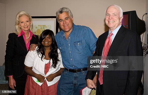 Episode 3424 -- Pictured: Presidential candidate, Senator John McCain with wife Cindy McCain, daughter Bridget McCain and host Jay Leno backstage...