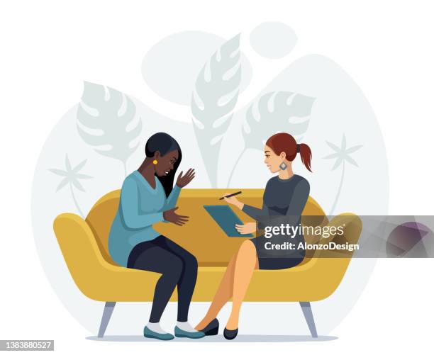 psychologin berät eine traurige afrikanische junge frau. - physiotherapie stock-grafiken, -clipart, -cartoons und -symbole