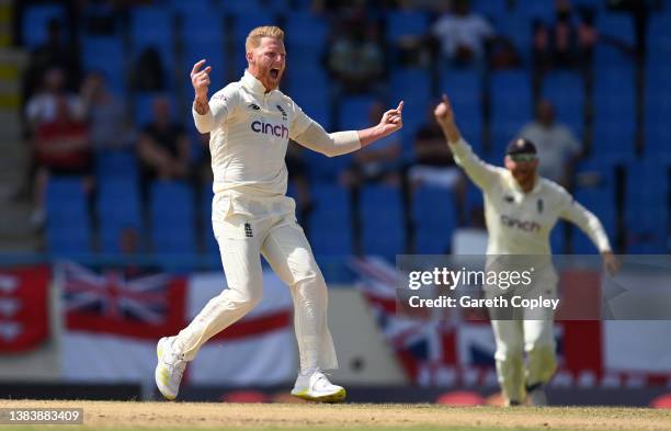 Ben Stokes of England celebrates dismissing Jason Holder of the West Indies during day three of the first test match between West Indies and England...