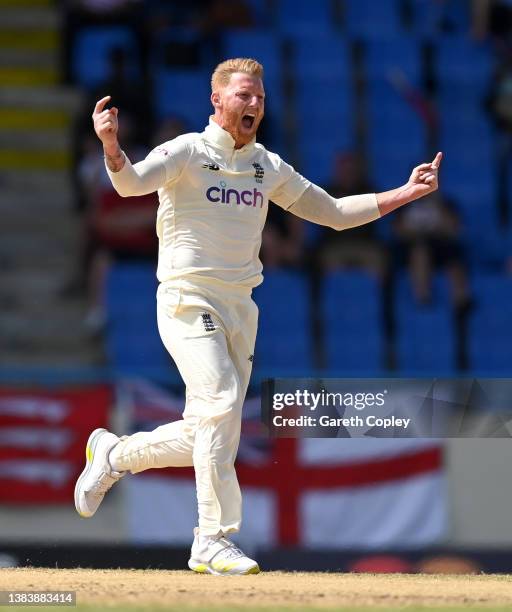 Ben Stokes of England celebrates dismissing Jason Holder of the West Indies during day three of the first test match between West Indies and England...