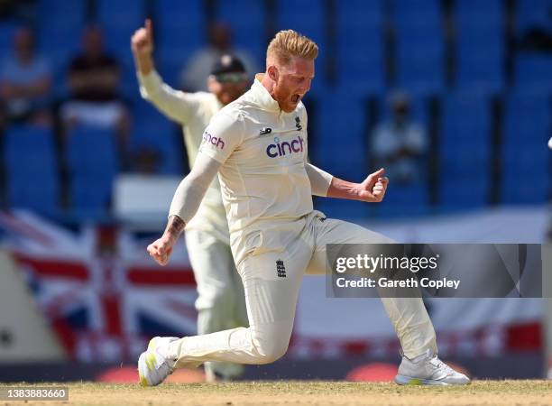 Ben Stokes of England celebrates dismissing Jason Holder of the West Indies during day three of the first test match between West Indies and England...