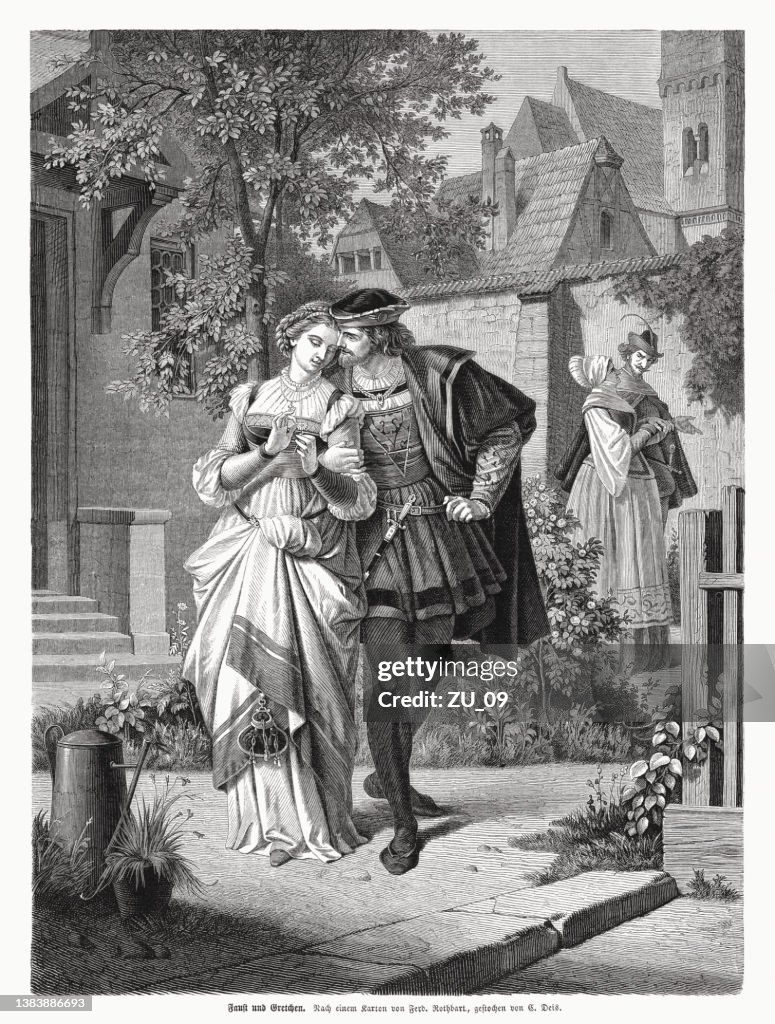 Faust and Gretchen, from Goethes Faust, wood engraving, published 1870
