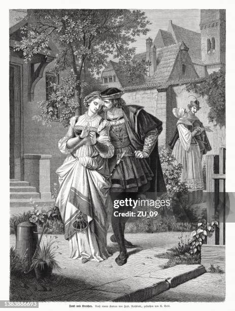 faust and gretchen, from goethes faust, wood engraving, published 1870 - goethes faust stock illustrations
