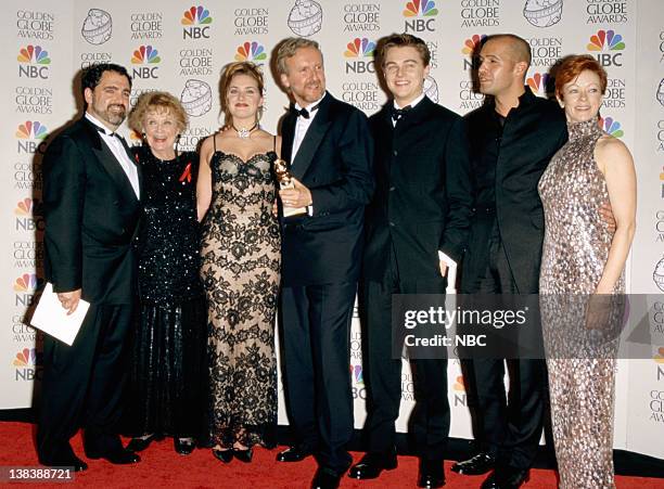 Pictured: Golden Globe winners for best Picture - Drama "Titanic" Producer Jon Landau, Gloria Stewart, Kate Winslet, director James Cameron, Leonardo...