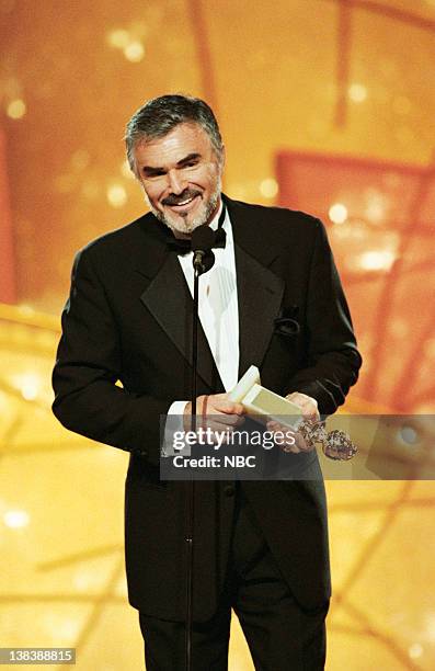 Pictured: Golden Globe winner for best performance by an Actor In A Supporting Role "Boogie Nights" Burt Reynolds on stage during the 55th Annual...