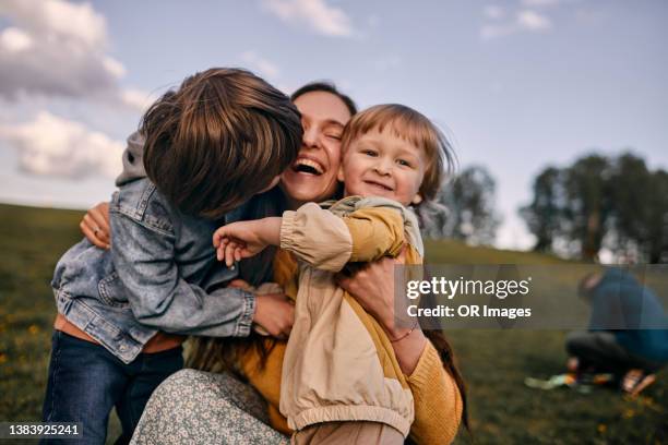 happy mother hugging sons on a meadow - famiglia con due figli foto e immagini stock