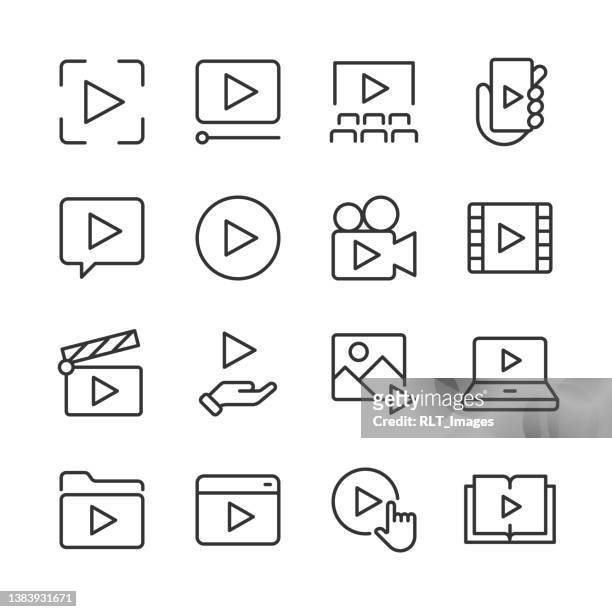 ilustraciones, imágenes clip art, dibujos animados e iconos de stock de iconos de reproducción de vídeo — serie monoline - capelli o peli