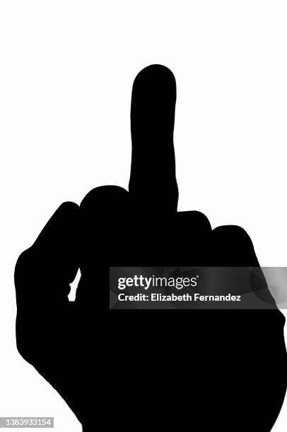 silhouette of hand making a rude gesture with the middle finger. fuck you concept. - schocktaktik stock-fotos und bilder