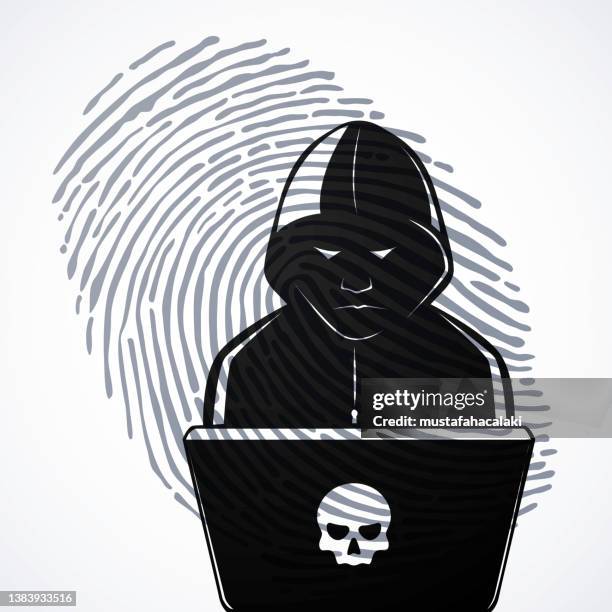 hacker-silhouette mit computer mit fingerabdruck - skull logo stock-grafiken, -clipart, -cartoons und -symbole
