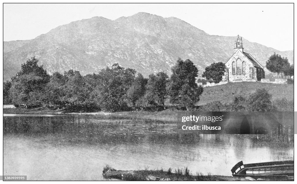 Antique travel photographs of Scotland: Trossachs Church, Loch Achray