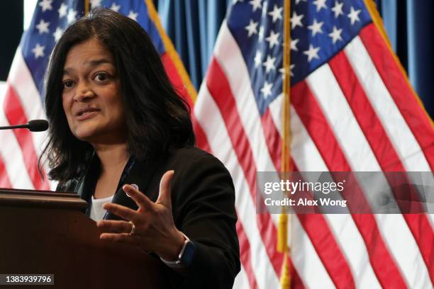 Rep. Pramila Jayapal , Chair of Congressional Progressive Caucus , speaks during a news briefing at the 2022 House Democratic Caucus Issues...