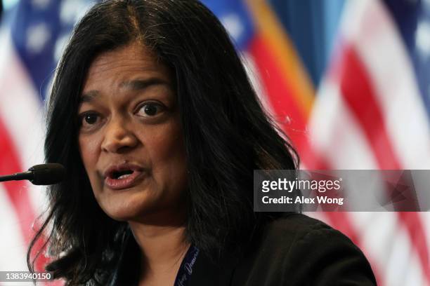 Rep. Pramila Jayapal , Chair of Congressional Progressive Caucus , speaks during a news briefing at the 2022 House Democratic Caucus Issues...