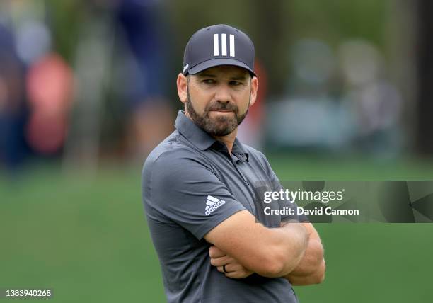 Sergio Garcia of Spain waits to putt on the par 4, 14th hole during the first round of THE PLAYERS Championship at TPC Sawgrass on March 10, 2022 in...