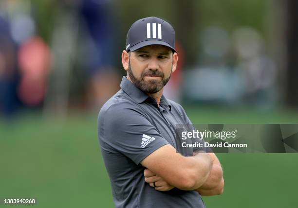 Sergio Garcia of Spain waits to putt on the par 4, 14th hole during the first round of THE PLAYERS Championship at TPC Sawgrass on March 10, 2022 in...