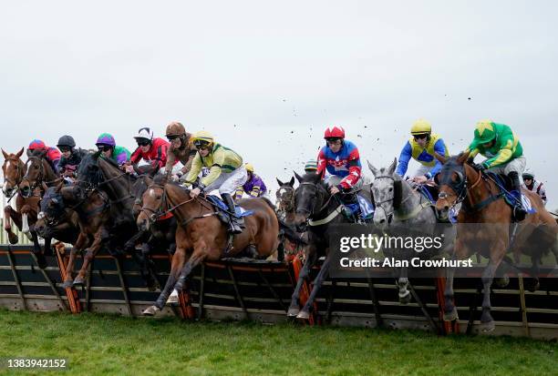 Nine horses virtually in a line at the first flight of hurdles with eventual winner Chloe's Court ridden by Bryan Carver during The tote Pool School...