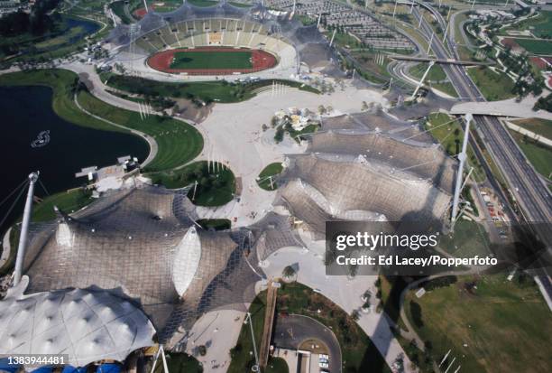 View from the Olympiaturm or Olympic Tower of the Munich Olympic Park with the Olympic Stadium, Olympic Swim Hall and Olympiahalle all ready for the...