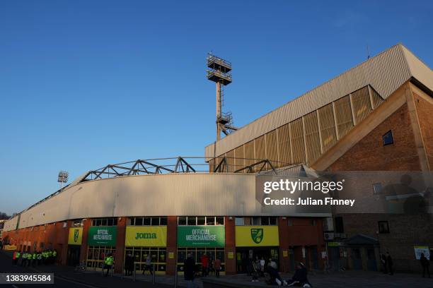 General view outside the stadium is seen prior to the Premier League match between Norwich City and Chelsea at Carrow Road on March 10, 2022 in...