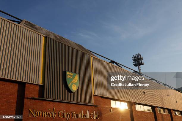 General view outside the stadium is seen prior to the Premier League match between Norwich City and Chelsea at Carrow Road on March 10, 2022 in...