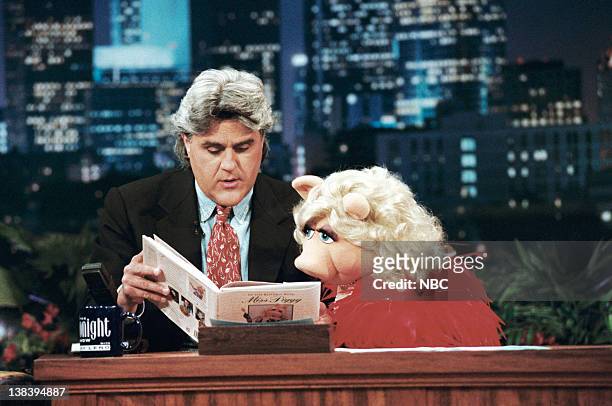 Episode 949 -- Pictured: Host Jay Leno during an interview with Miss Piggy on June 21, 1996