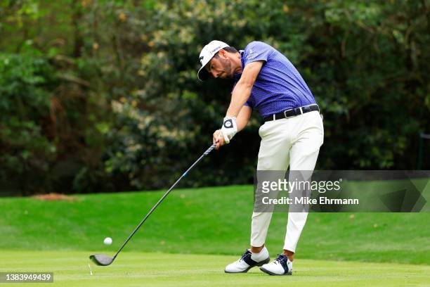Abraham Ancer of Mexico plays his shot from the 15th tee during the first round of THE PLAYERS Championship on the Stadium Course at TPC Sawgrass on...