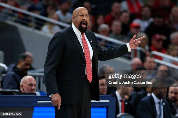 Head coach Mike Woodson of the Indiana Hoosiers reacts after getting called for a technical foul in the first half against the Michigan Wolverines...