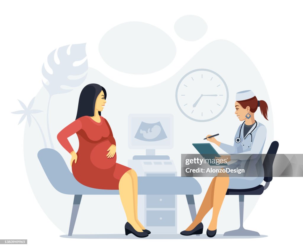 Asian pregnant woman visiting doctor.