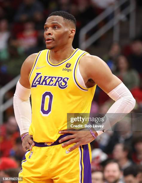 Russell Westbrook of the Los Angeles Lakers against the Houston Rockets at Toyota Center on March 09, 2022 in Houston, Texas. NOTE TO USER: User...