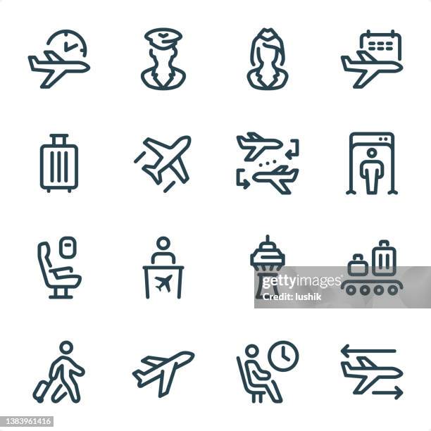 ilustraciones, imágenes clip art, dibujos animados e iconos de stock de aeropuerto - iconos de línea pixel perfect unicolor - ala de avión