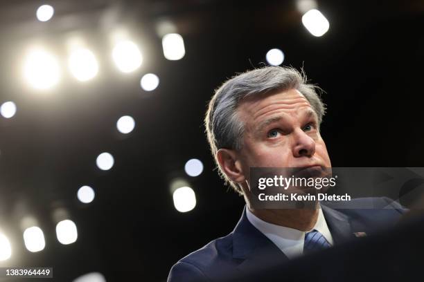 Federal Bureau of Investigation Director Christopher Wray testifies before the Senate Intelligence Committee on March 10, 2022 in Washington, DC. The...