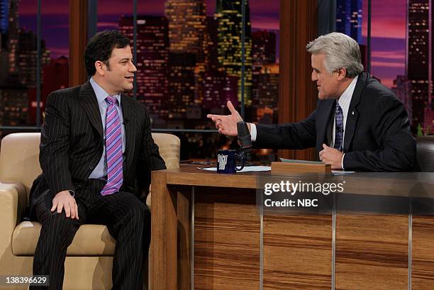 Air Date 1/10/08 -- Episode 3473 -- Pictured: Talk show host Jimmy Kimmel during an interview with host Jay Leno on January 10, 2008