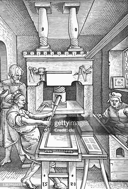 illustrazioni stock, clip art, cartoni animati e icone di tendenza di macchina da stampa per libri 1520 - tipografia