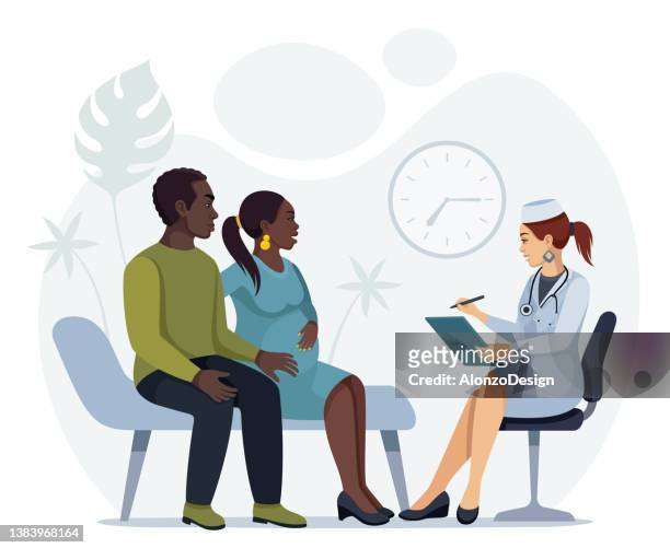 young african couple at the doctor's appointment. pregnant woman. - prenatal care stock illustrations
