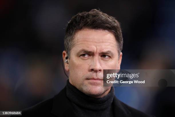 Michael Owen looks on prior to the Premier League match between Leeds United and Aston Villa at Elland Road on March 10, 2022 in Leeds, England.