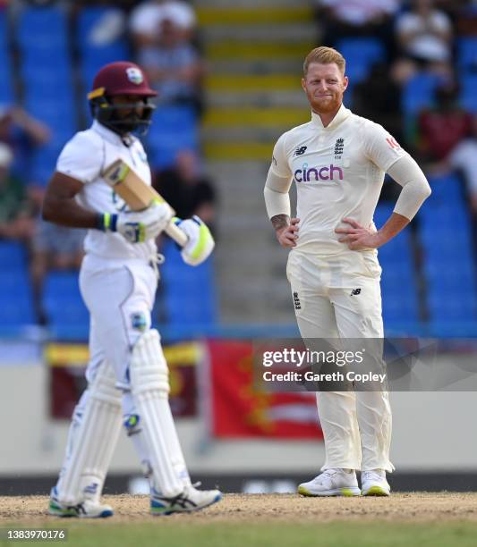 Ben Stokes of England reacts after being hit for four runs by Nkrumah Bonner of the West Indies during day three of the first test match between West...
