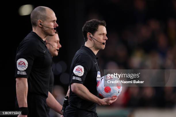 Referee Darren England looks on before the Premier League match between Wolverhampton Wanderers and Watford at Molineux on March 10, 2022 in...