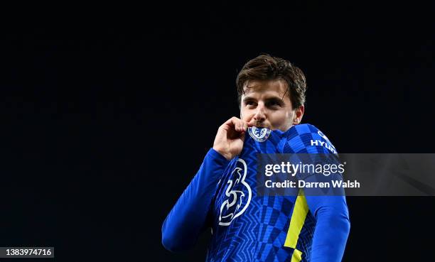 Mason Mount of Chelsea celebrates after scoring their team's second goal during the Premier League match between Norwich City and Chelsea at Carrow...