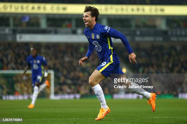 Mason Mount of Chelsea celebrates after scoring their team's second goal during the Premier League match between Norwich City and Chelsea at Carrow...